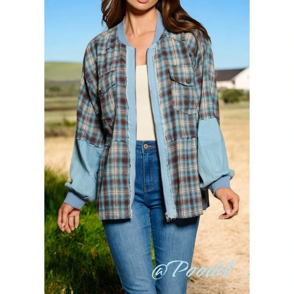 FATE Cute zip front chambray plaid top S M L - Picture 3 of 10